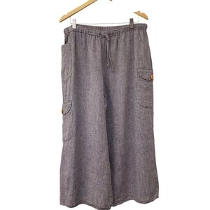 Flax Women 100% Linen Pants Medium Gray Pull On Lagenlook Coastal Minimalist